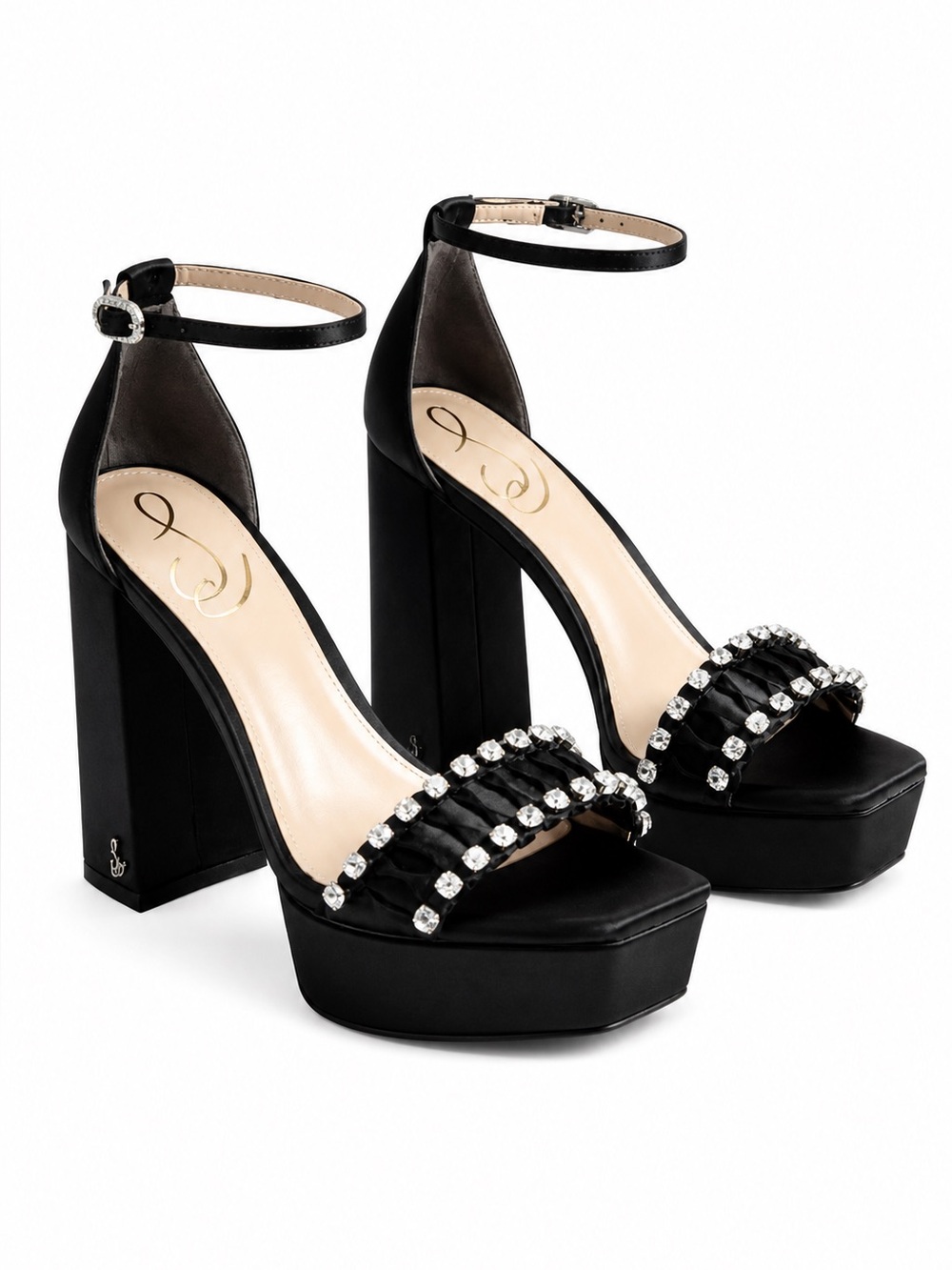 Sam Edelman Ninette Crystal Platform Heels Black Satin Block Heel Size 8.5